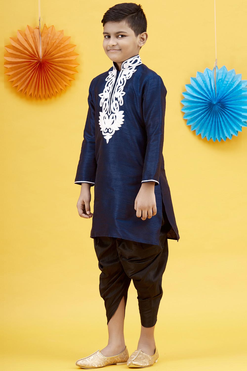 Buy Boy's Art Silk Embroidered Kurta Peshwari In Blue Online - Zoom In