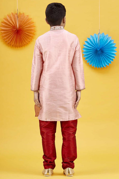 Buy Boy's Art Silk Embroidered Kurta Churidar In Pink Online - Back