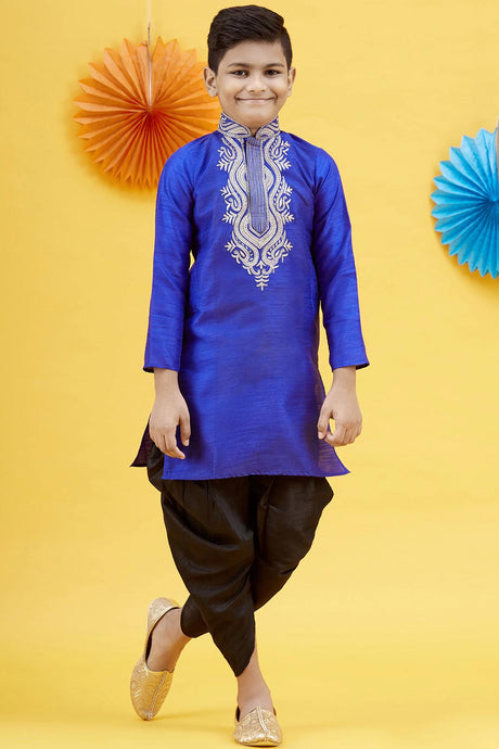 Buy Boy's Art Silk Embroidered Kurta Peshwari In Blue Online - Zoom In