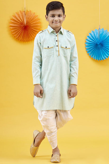 Buy Boy's Blended Cotton Solid Kurta Peshwari In Turquoise Online - Front