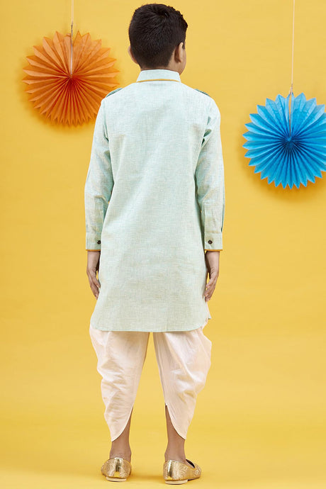 Buy Boy's Blended Cotton Solid Kurta Peshwari In Turquoise Online - Back