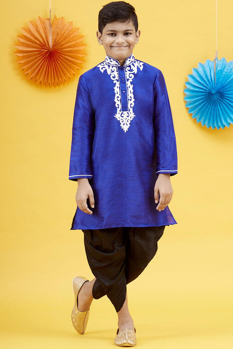 Buy Boy's Art Silk Embroidered Kurta Peshwari In Blue Online - Front