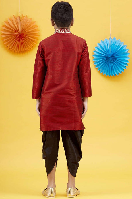 Buy Boy's Art Silk Embroidered Kurta Peshwari In Red Online - Back