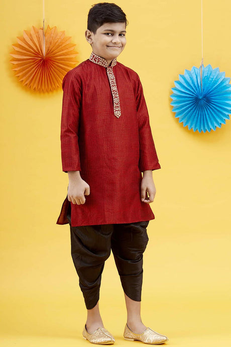 Buy Boy's Art Silk Embroidered Kurta Peshwari In Red Online - Zoom In