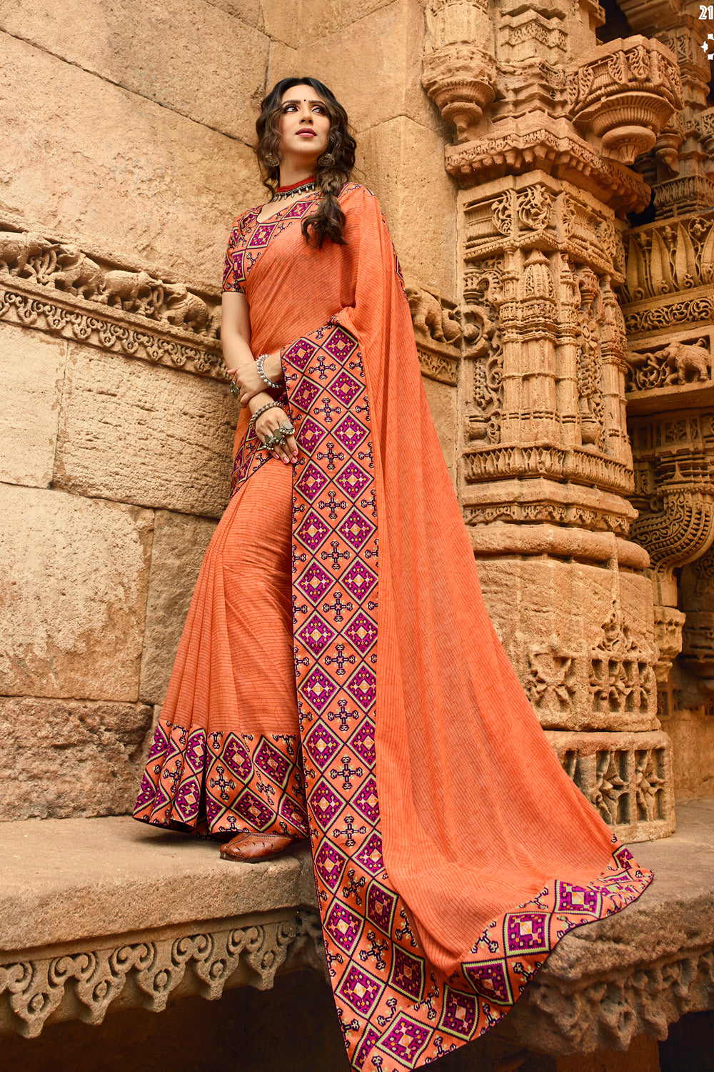 Faux Georgette Printed Saree In Orange