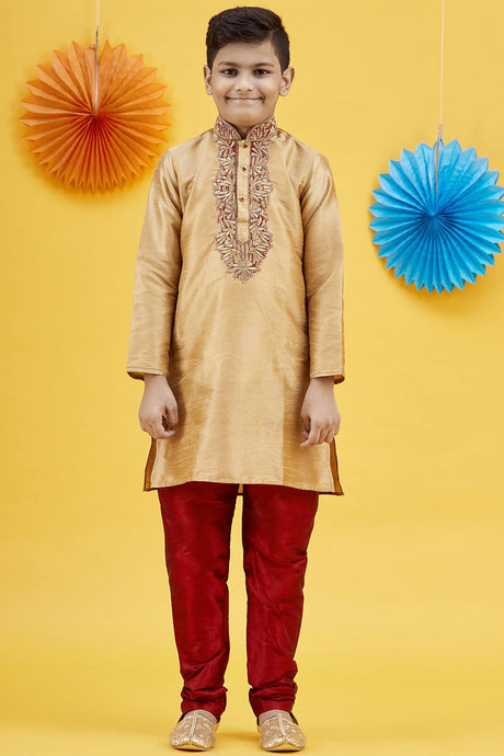 Buy Boy's Art Silk Embroidered Kurta Churidar In Gold Online - Side