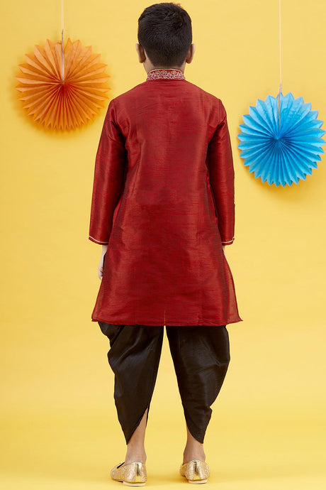 Buy Boy's Art Silk Embroidered Kurta Peshwari In Red Online - Back