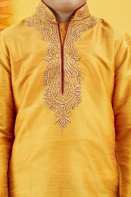 Buy Boy's Art Silk Embroidered Kurta Churidar In Yellow Online - Front