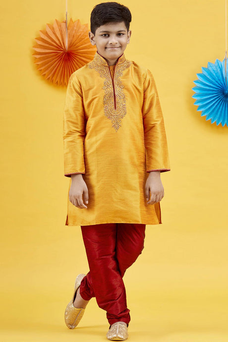 Buy Boy's Art Silk Embroidered Kurta Churidar In Yellow Online - Zoom In