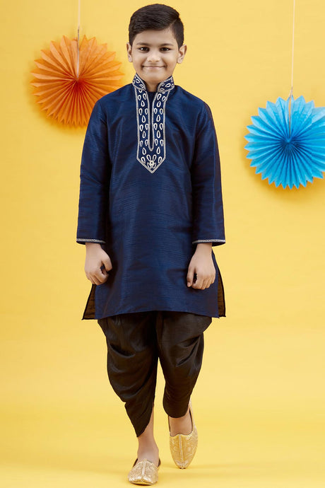Buy Boy's Art Silk Embroidered Kurta Peshwari In Blue Online - Zoom In