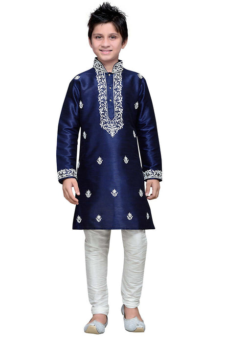 Buy Boy's Art Silk Embroidered Kurta Churidar in Navy Blue Online - Front