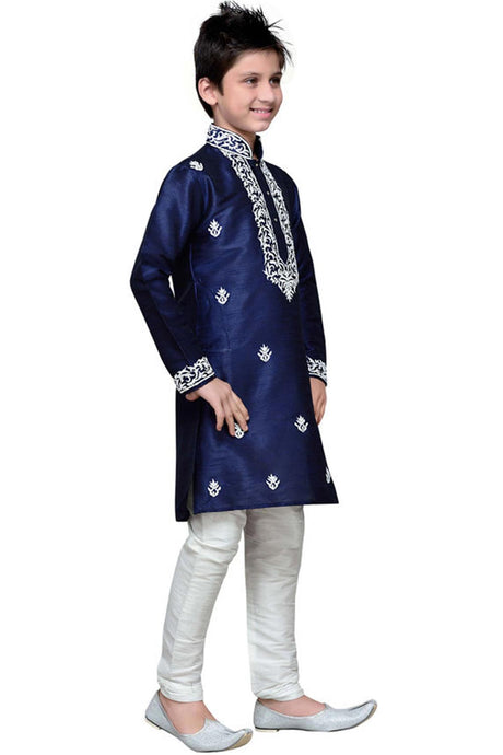 Buy Boy's Art Silk Embroidered Kurta Churidar in Navy Blue Online - Side