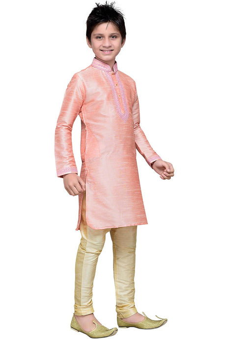 Buy Boy's Art Silk Embroidered Kurta Churidar in Pink Online - Front