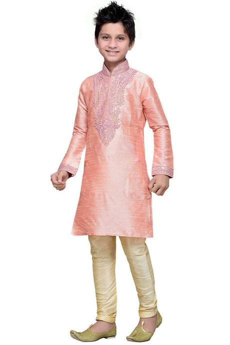 Buy Boy's Art Silk Embroidered Kurta Churidar in Pink Online