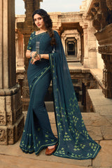 Faux Georgette Printed Saree In Teal Blue