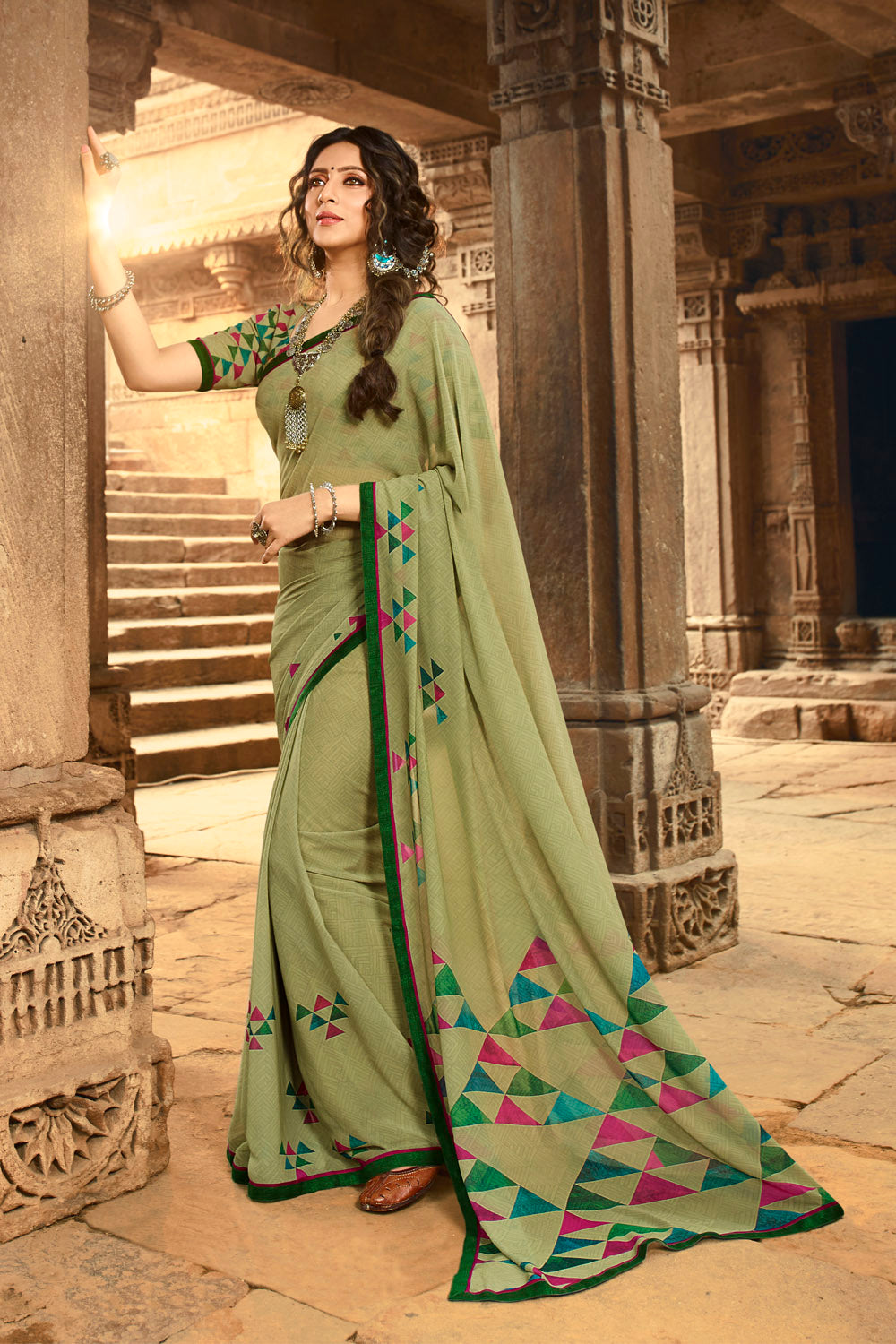 Faux Georgette Printed Saree In Light Green