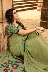 Faux Georgette Printed Saree In Light Green