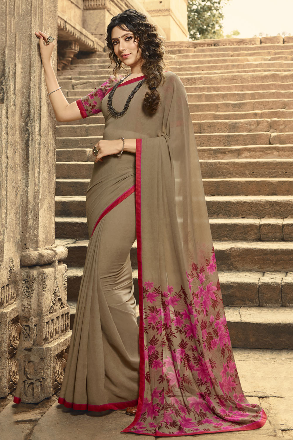 Faux Georgette Printed Saree In Light Brown