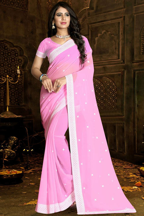 Buy Faux Georgette Embroidery Saree in Baby Pink