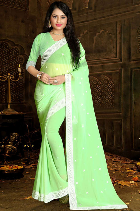 Buy Faux Georgette Embroidery Saree in Pastel Green