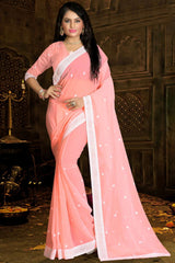 Buy Faux Georgette Embroidery Saree in Pastel Peach