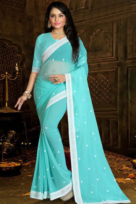 Buy Faux Georgette Embroidery Saree in Aqua Blue