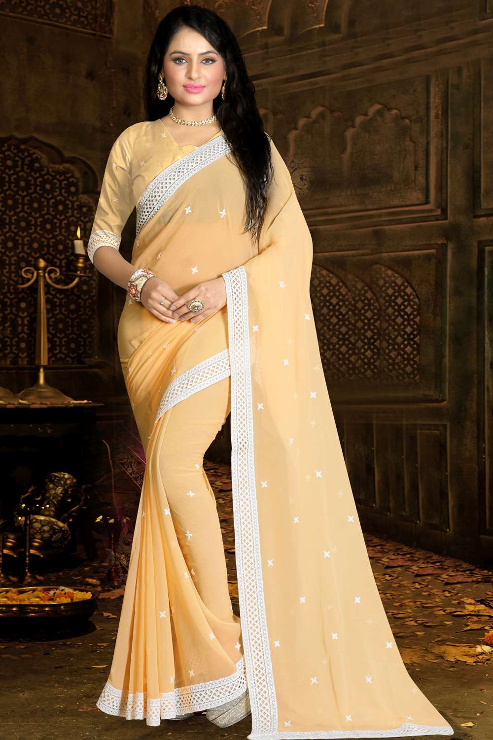 Buy Faux Georgette Embroidery Saree in Fawn