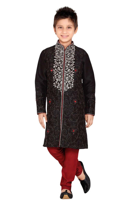 Boys Black Art Dupion Silk Neck Embroidered Sherwani Set