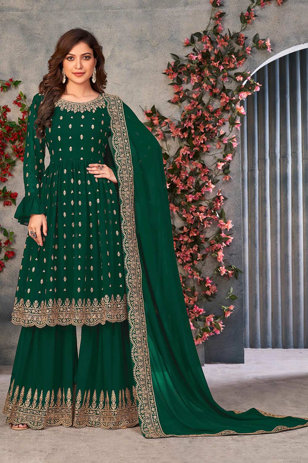 Green Faux Georgette Embroidered And Sequins Sharara Set