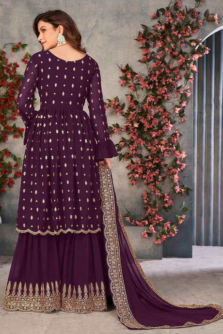 Wine Faux Georgette Embroidered And Sequins Sharara Set