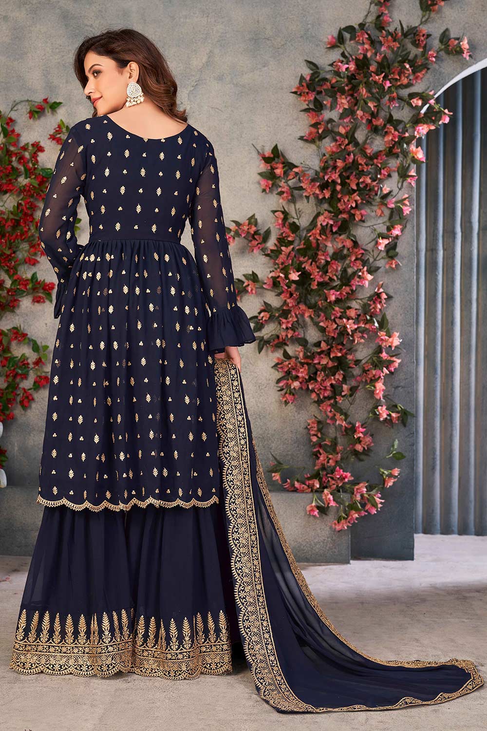 Blue Faux Georgette Embroidered And Sequins Sharara Set