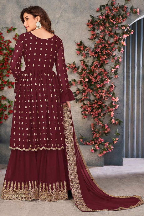 Maroon Faux Georgette Embroidered And Sequins Sharara Set
