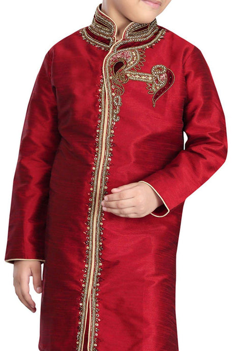 Boys Red Art Dupion Silk Embroidered Emblished Sherwani Set