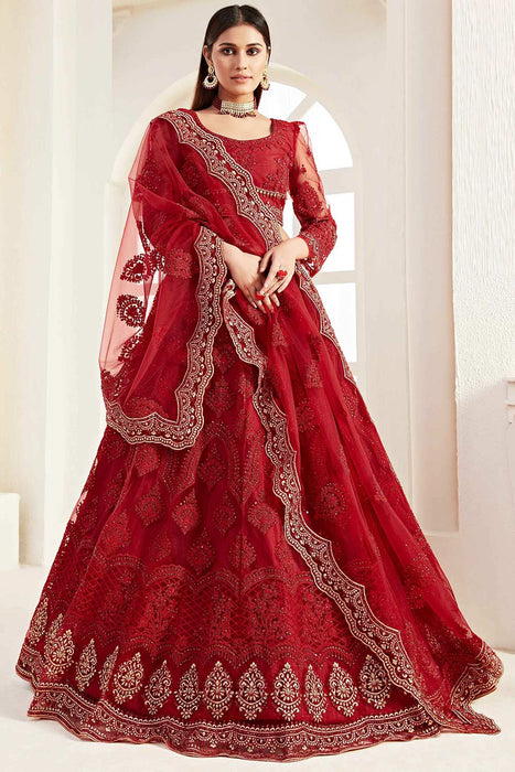 Buy Red Net Thread Embroidery And Stone Work Lehenga Set Online