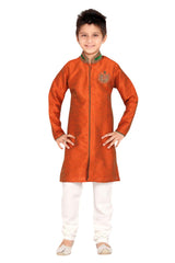 Boys Orange Art Dupion Silk Neck Embroidered Sherwani Set