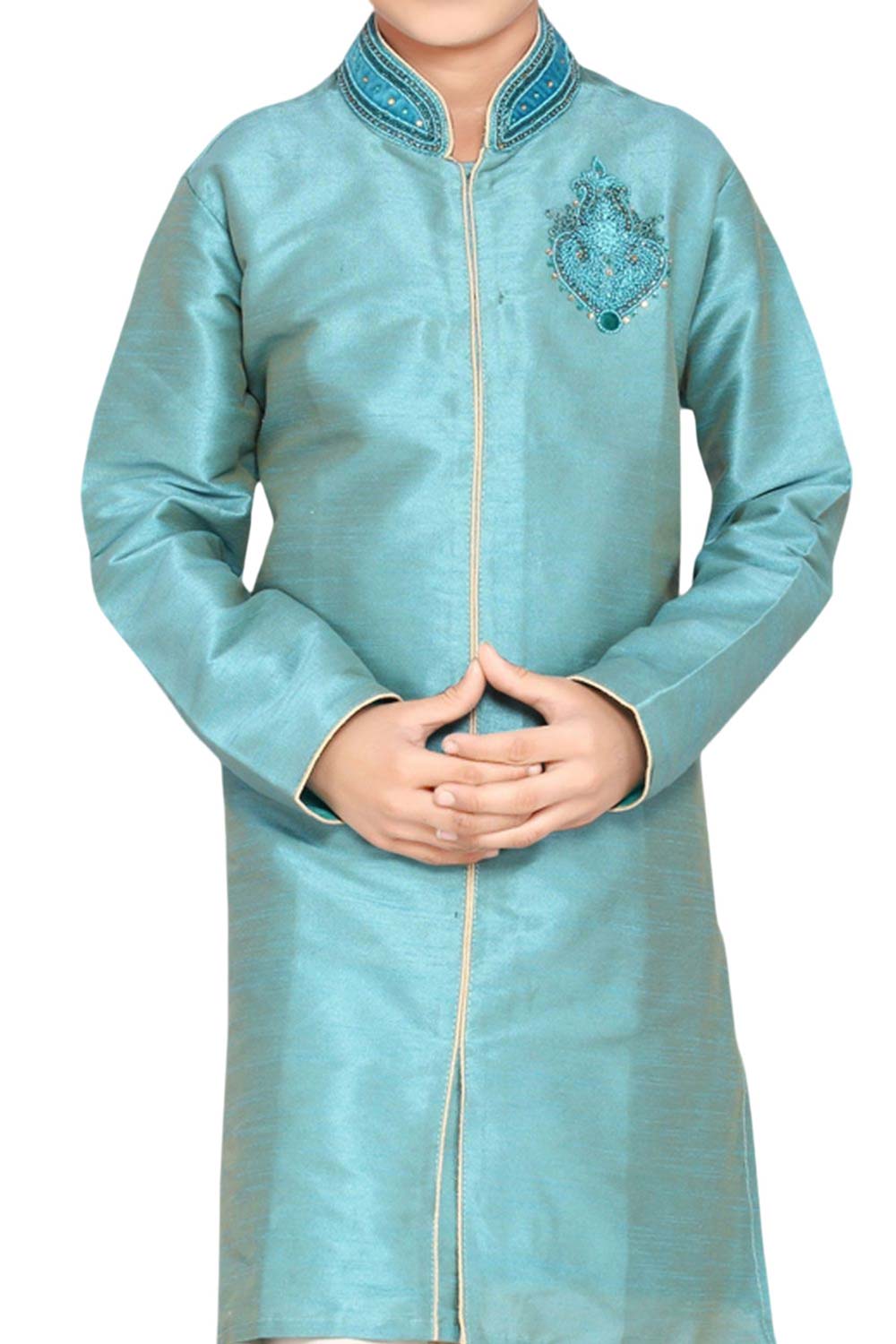 Boys Turquoise Art Dupion Silk Neck Embroidered Sherwani Set