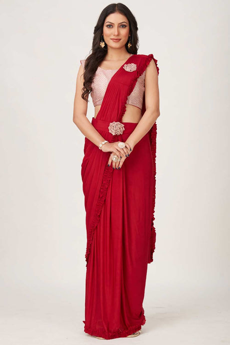 Buy red Lycra patch work With Frill laceReady To Wear Saree Online - KARMAPLACE