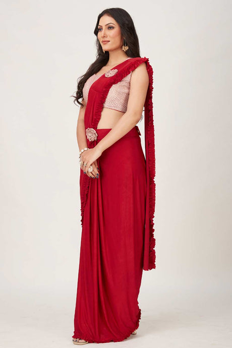 Red Lycra Patch Work With Frill Lace Ready To Wear Saree