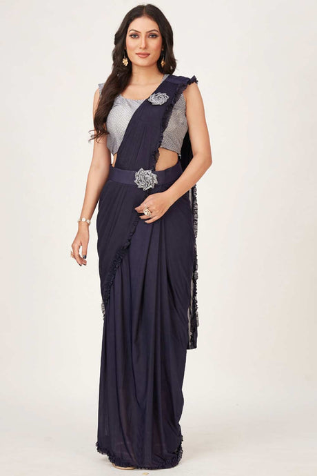 Buy Navy blue Lycra patch work With Frill laceReady To Wear Saree Online - KARMAPLACE