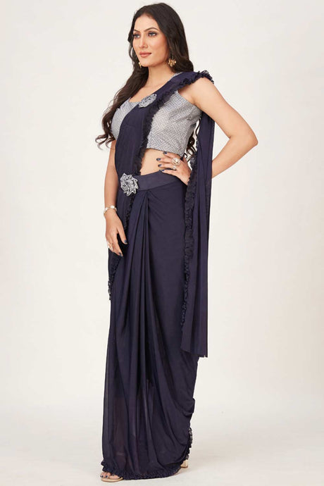 Navy Blue Lycra Patch Work With Frill Lace Ready To Wear Saree
