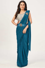 Buy Teal Lycra patch work With Frill laceReady To Wear Saree Online - KARMAPLACE