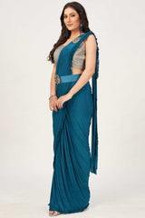 Teal Lycra Patch Work With Frill Lace Ready To Wear Saree