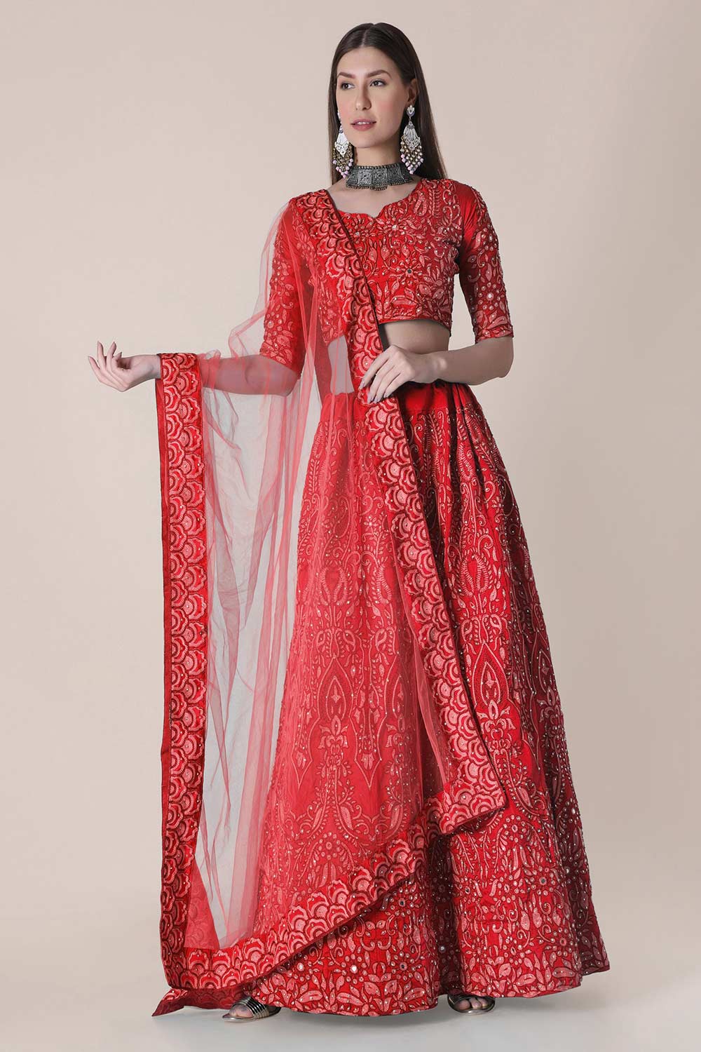 Red Taffeta Silk Embroidered Lehenga Choli