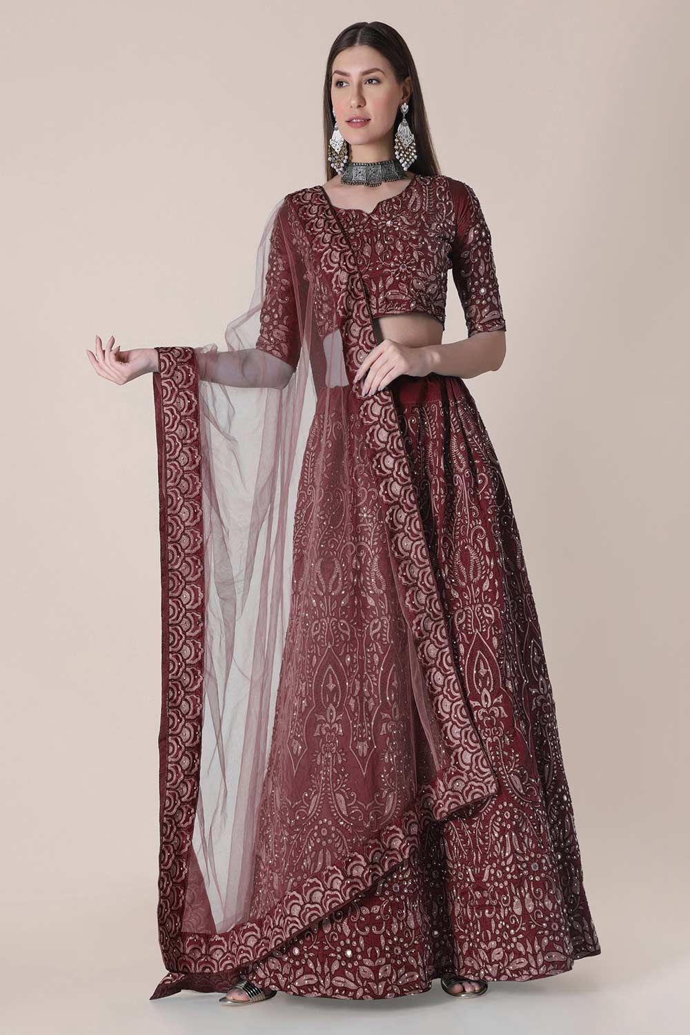 Maroon Taffeta Silk Embroidered Lehenga Choli