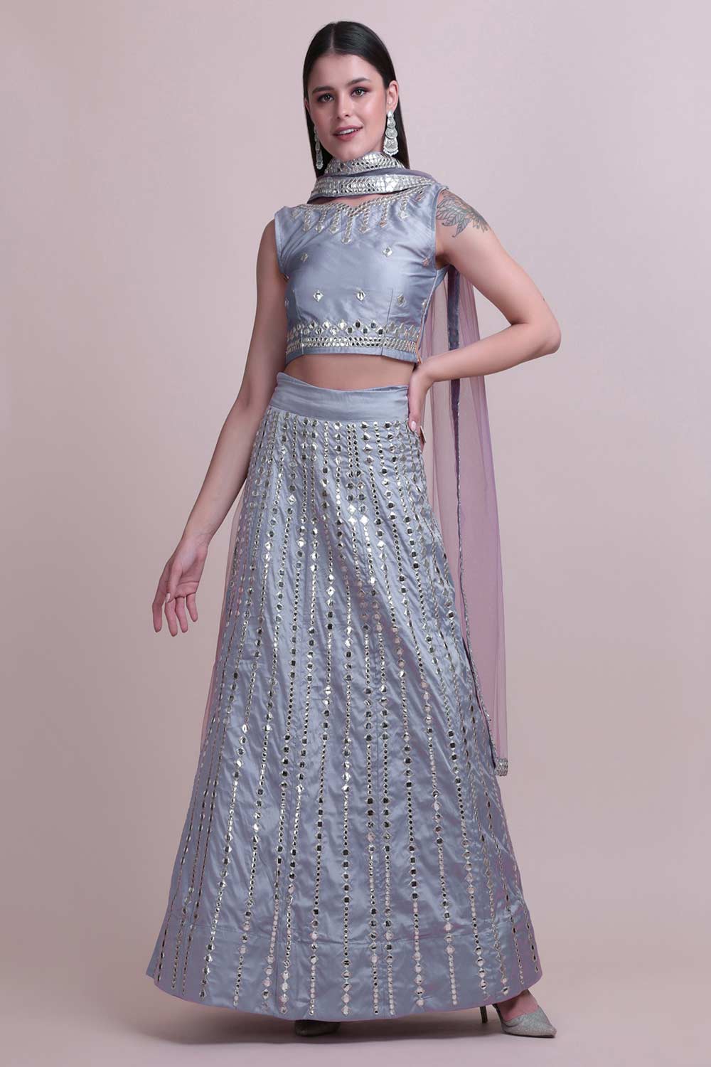 Grey Taffeta Silk Mirror Work Lehenga Choli