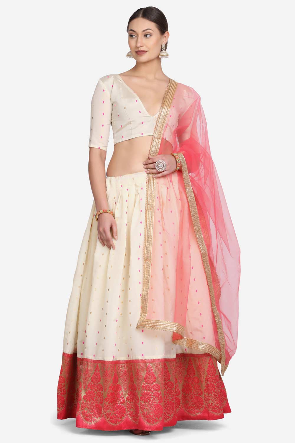 Off White Taffeta Silk Lace Work Lehenga Choli