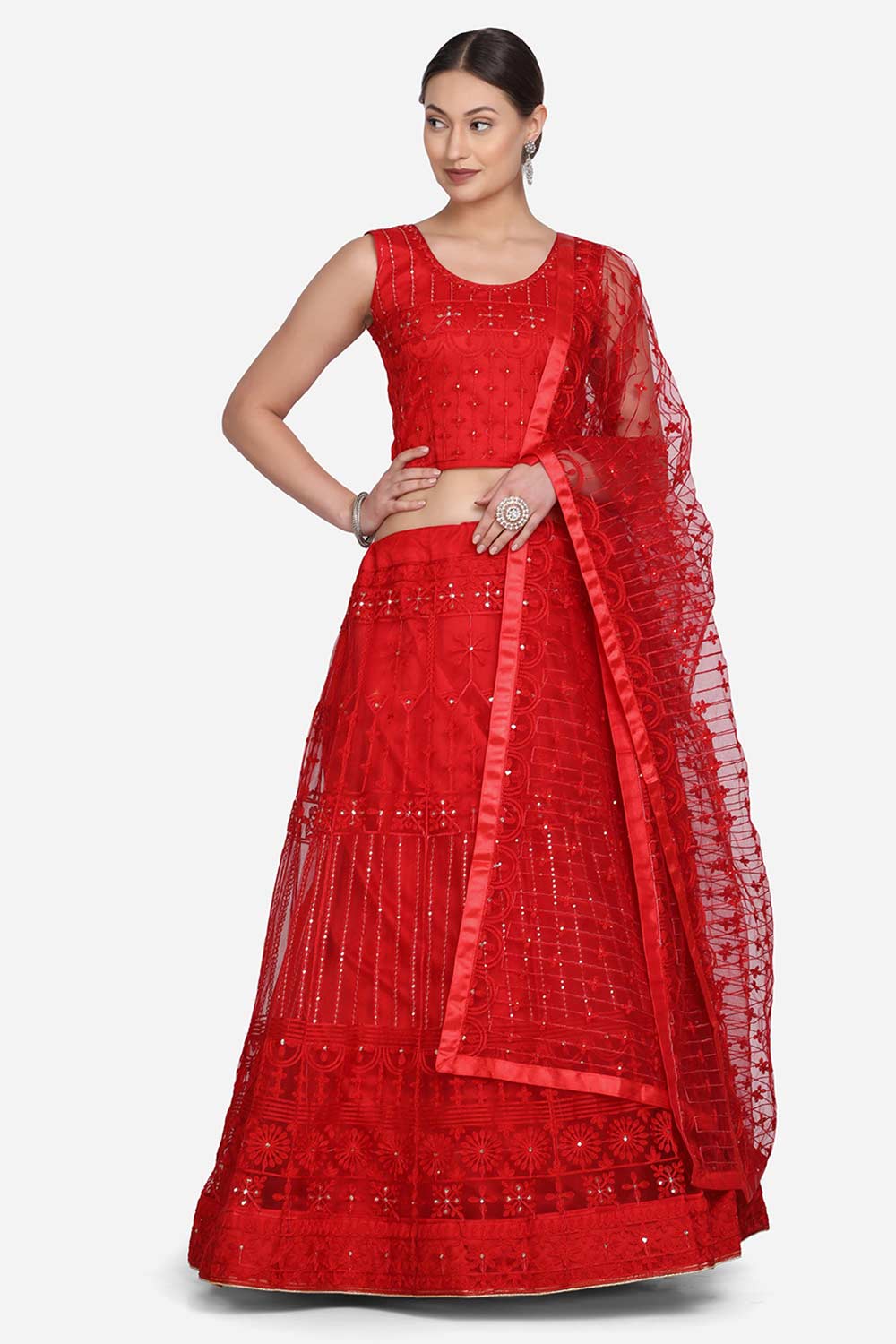 Red Net Embroidered Lehenga Choli