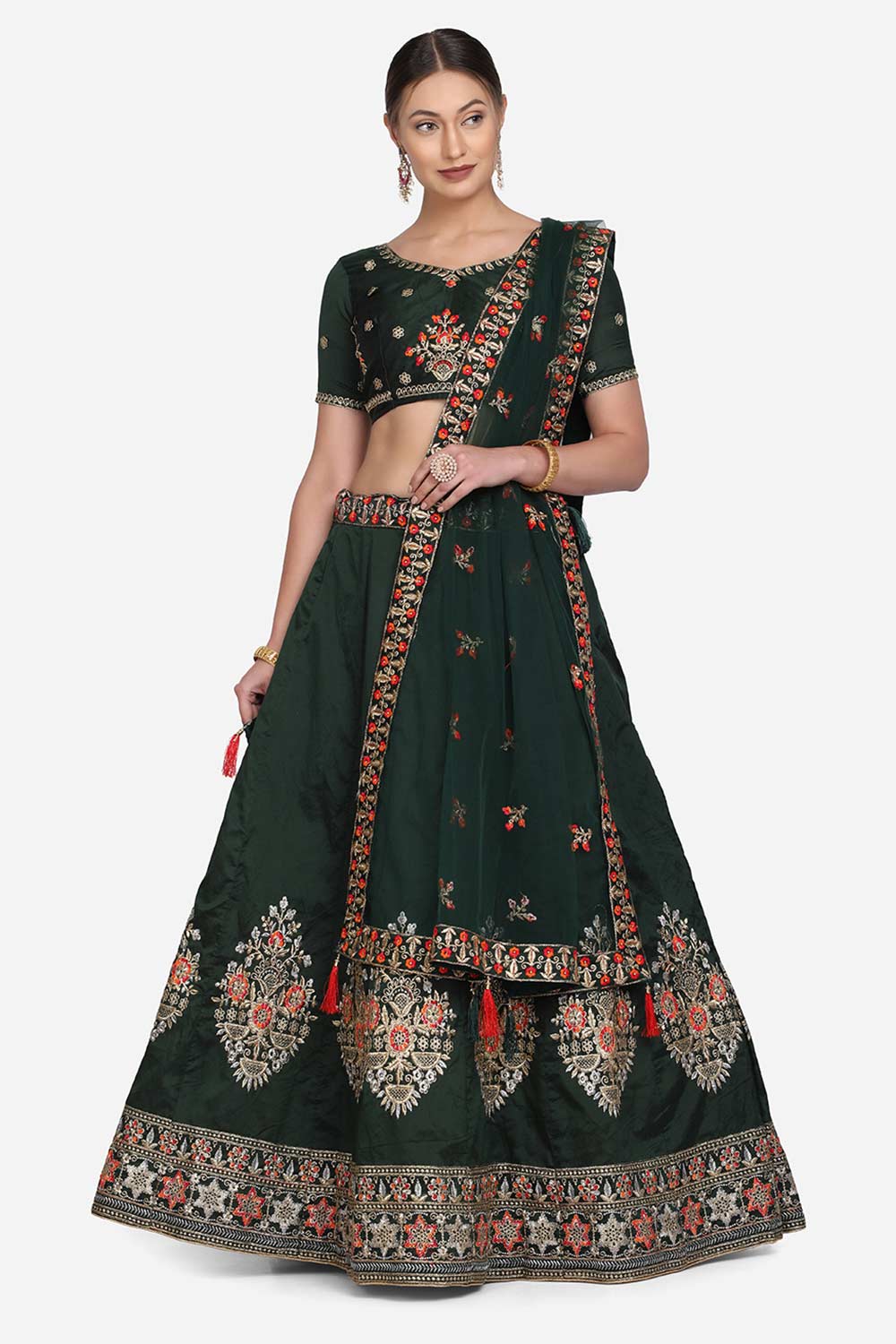 Green Taffeta Silk Embroidered Lehenga Choli