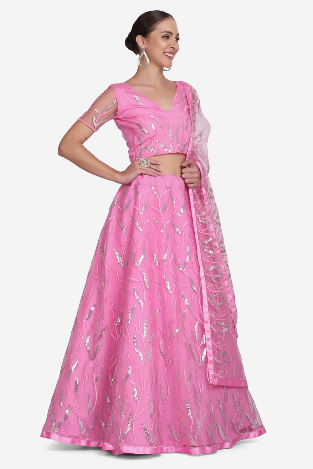 Pink Net Embroidered Lehenga Choli