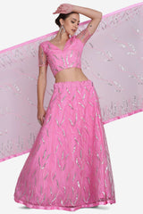 Pink Net Embroidered Lehenga Choli